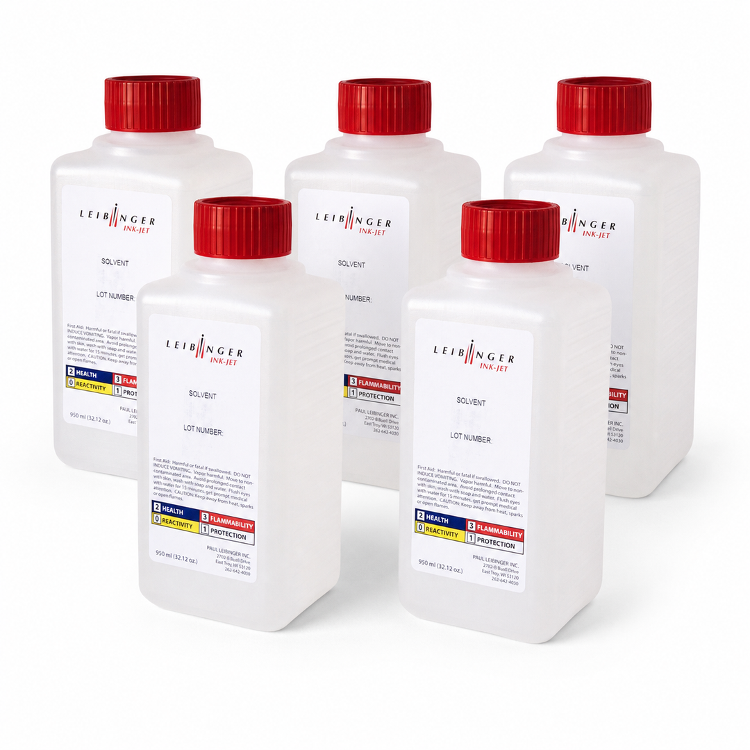 Five 950 ml bottles of Leibinger IQJET MEK solvent, product 77001-000230